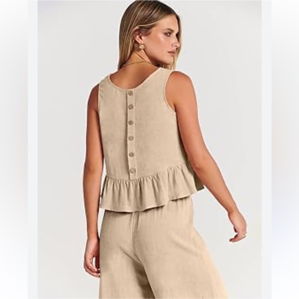 Tan 2 piece Linen Vacation Set NWOT SIZE M - Picture 4 of 8